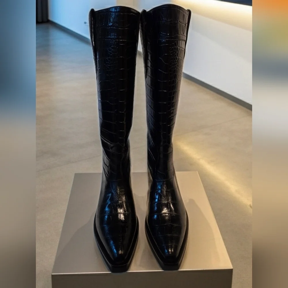 Raye Vervier Boot in Black Croc Embossed Leather
